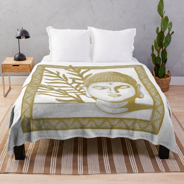 Item preview, Buddha Head Statue with Palm Fronds Watercolor - Fog + Ochre designed and sold by Irene Estelle.