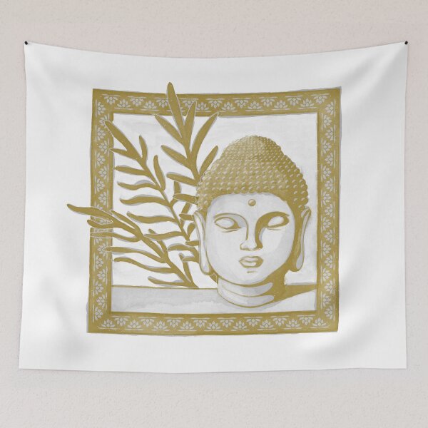 Item preview, Buddha Head Statue with Palm Fronds Watercolor - Fog + Ochre designed and sold by Irene Estelle.