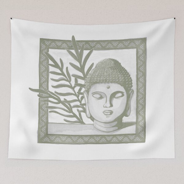Item preview, Buddha Head Statue with Palm Fronds Watercolor - Fog + Sage designed and sold by Irene Estelle.