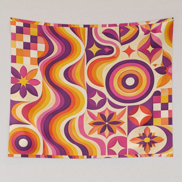 Item preview, Retro Geometric Pattern in Pink, Orange, Yellow and Purple – AI Generated Groovy Abstract Design designed and sold by Cleora Art .