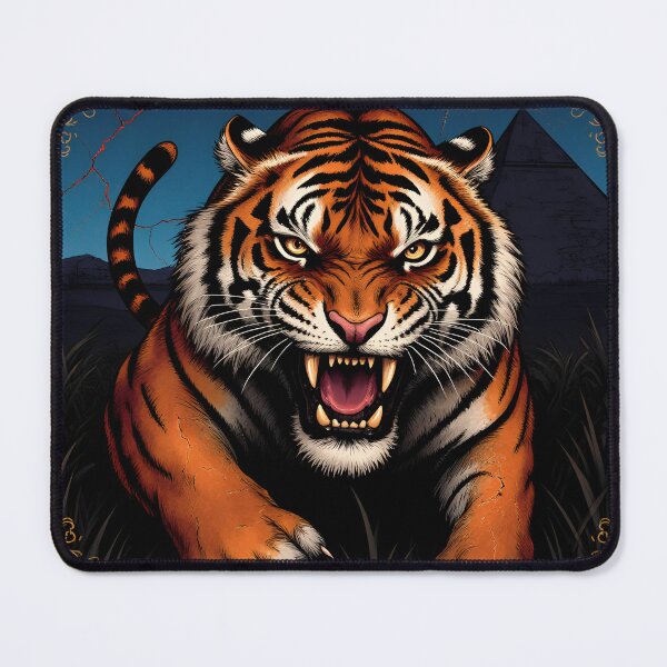 Item preview, A colossal tiger emerging from the undergrowth, a symbol of the fall of the Jackal King. Dark atmosphere, dramatic engraving, texture reminiscent of ancient Sumerian papyrus. designed and sold by Absolutsoma.