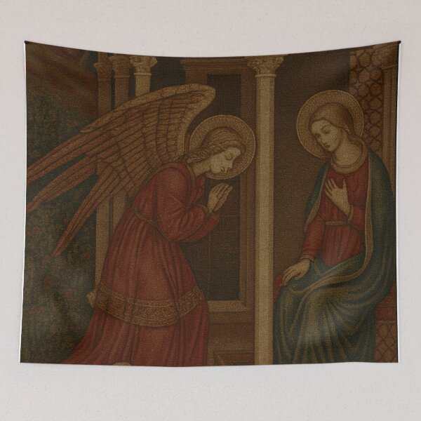 Item preview, Annunciation Tapestry – Angel Gabriel & Virgin Mary in Gothic Arches designed and sold by LuxuryApparels.
