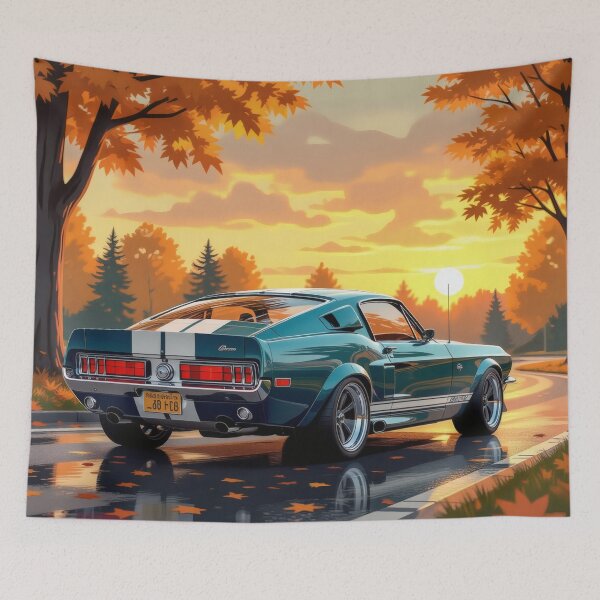 Item preview, Rear view of a classic Ford Mustang in autumn – sports car at sunset designed and sold by Salimgor Hangaround Music.
