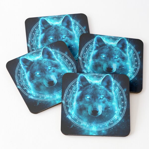 Item preview, Neon Rune Wolf – Glowing Mystic Wolf Spirit in Blue Energy Circle designed and sold by VisionaryVeils.