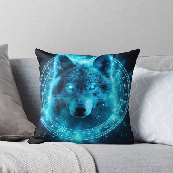 Item preview, Neon Rune Wolf – Glowing Mystic Wolf Spirit in Blue Energy Circle designed and sold by VisionaryVeils.