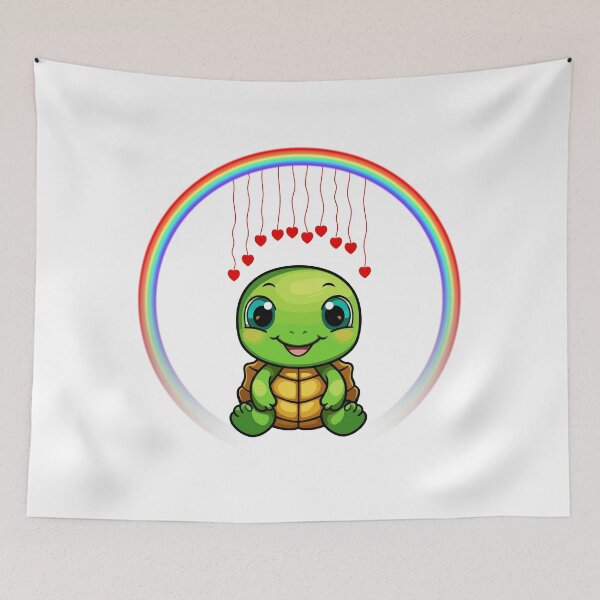 Item preview, Turtle with Rainbow Hearts - Cute Green Turtle with Hanging Hearts designed and sold by Love3Happy.