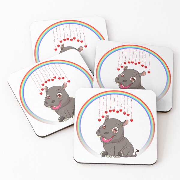 Item preview, Baby Hippo with Rainbow Hearts - Cute Cartoon Hippo with Hanging Hearts designed and sold by Love3Happy.
