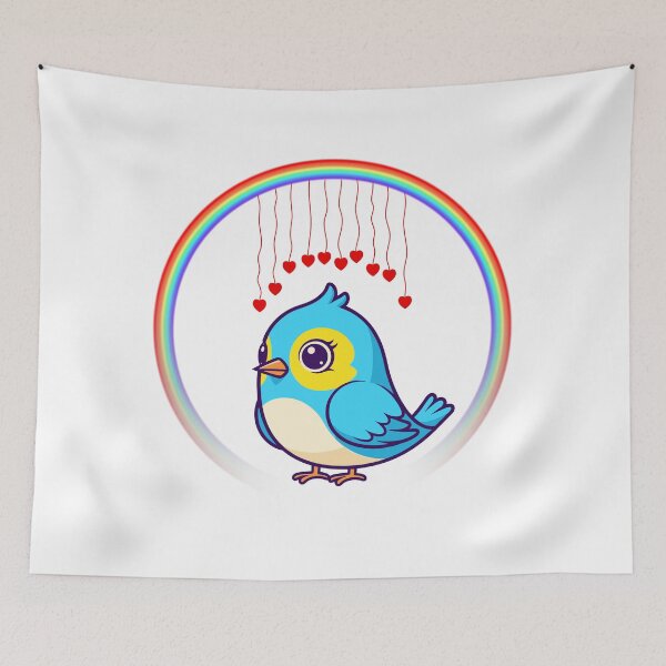 Item preview, Bluebird with Rainbow Hearts - Cute Cartoon Bird with Hanging Hearts designed and sold by Love3Happy.