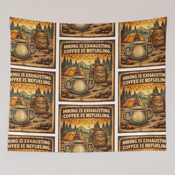 Artikelvorschau, Hiking Is Exhausting Coffee Is Refueling Vintage Camping Illustration entworfen und verkauft von AmaroWheels.