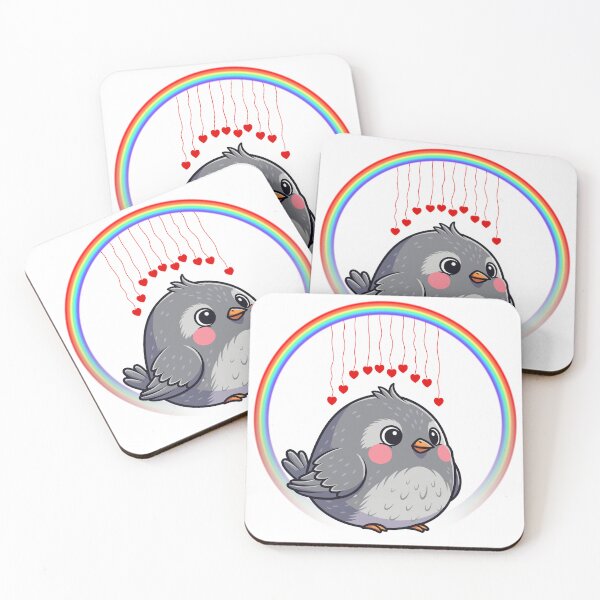 Item preview, Gray Bird with Rainbow Hearts - Cute Cartoon Bird with Hanging Hearts designed and sold by Love3Happy.
