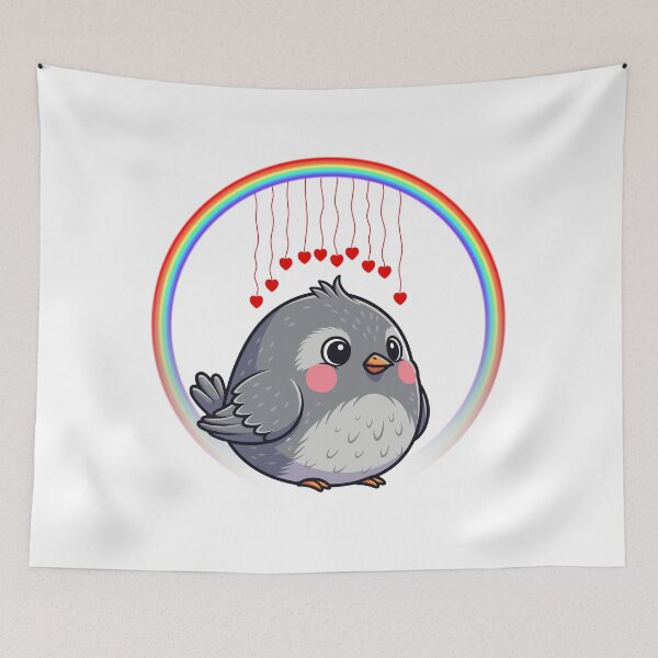 Item preview, Gray Bird with Rainbow Hearts - Cute Cartoon Bird with Hanging Hearts designed and sold by Love3Happy.