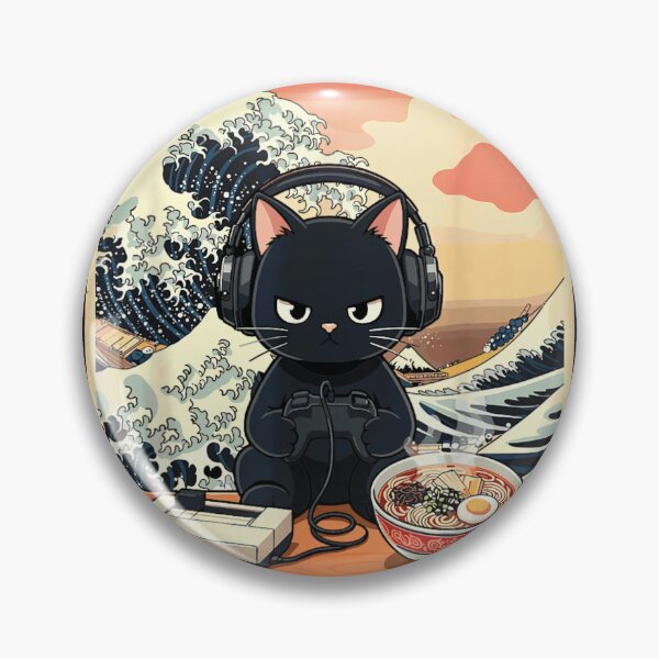 Item preview, Retro Black Cat Gaming Great Wave Off Kanagawa Ramen Console Art designed and sold by LakenDraphil.