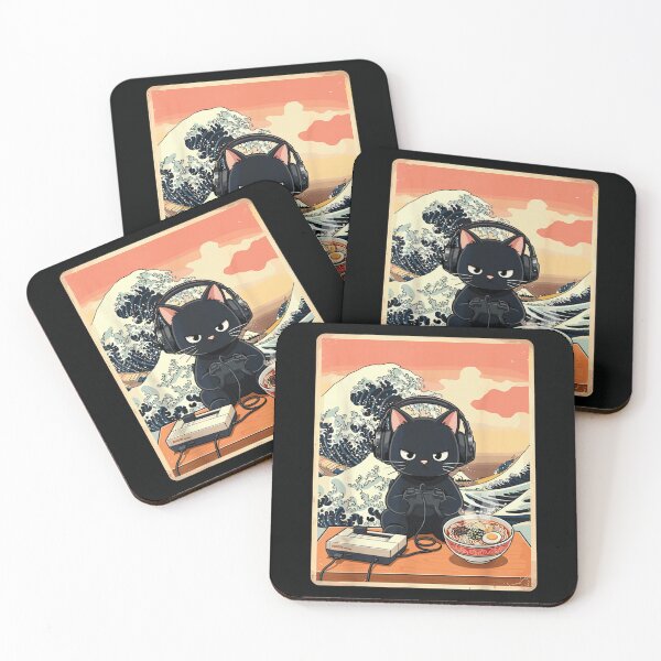 Item preview, Retro Black Cat Gaming Great Wave Off Kanagawa Ramen Console Art designed and sold by LakenDraphil.