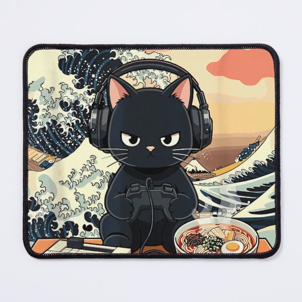 Item preview, Retro Black Cat Gaming Great Wave Off Kanagawa Ramen Console Art designed and sold by LakenDraphil.