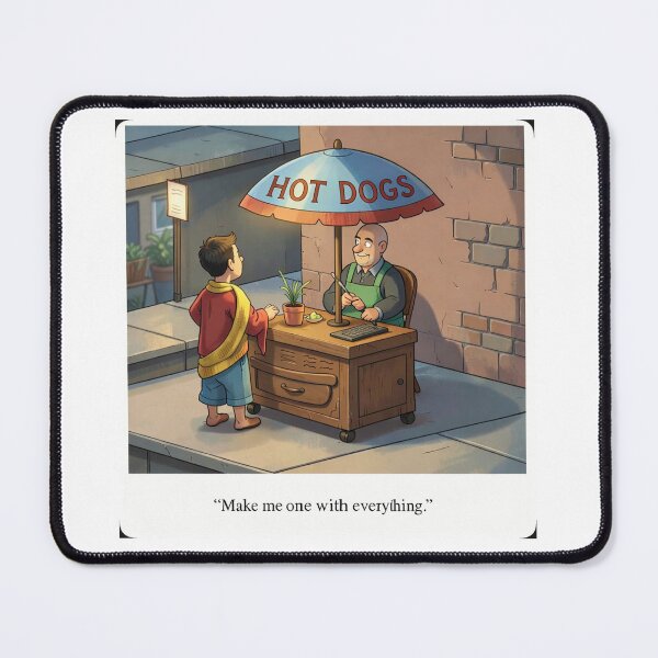 Item preview, Make Me One With Everything – Funny Zen Cartoon Hot Dog Stand Art | Minimalist Humor Illustration designed and sold by YogaCreations.
