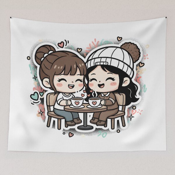 Item preview, Cute Chibi Girls Enjoying Coffee Together at Cafe designed and sold by Clay Artista.