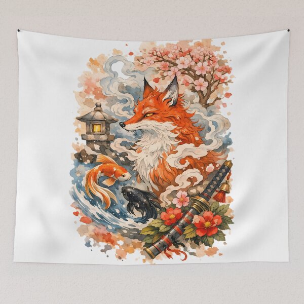 Item preview, Japanese Kitsune Fox Watercolor with Koi Fish, Katana and Sakura designed and sold by Emilysalae.