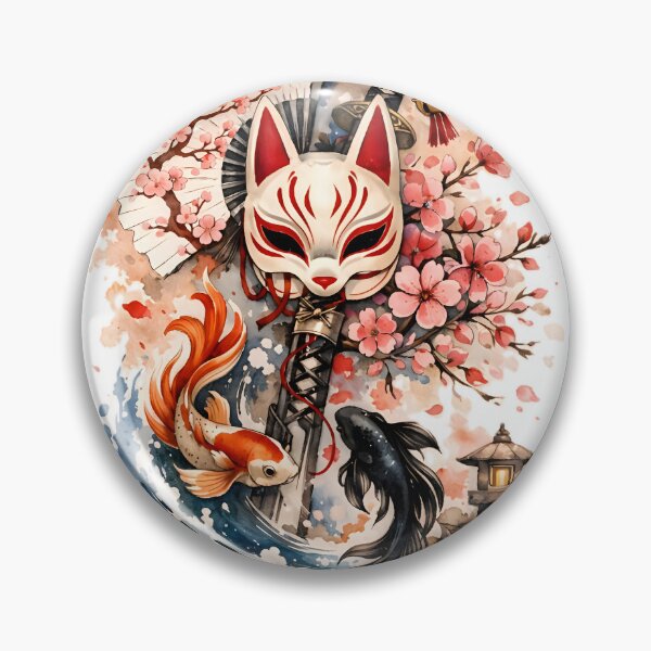 Item preview, Japanese Kitsune Mask Watercolor with Koi Fish, Katana and Sakura designed and sold by Emilysalae.