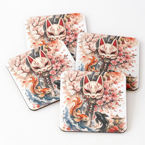 Item preview, Japanese Kitsune Mask Watercolor with Koi Fish, Katana and Sakura designed and sold by Emilysalae.