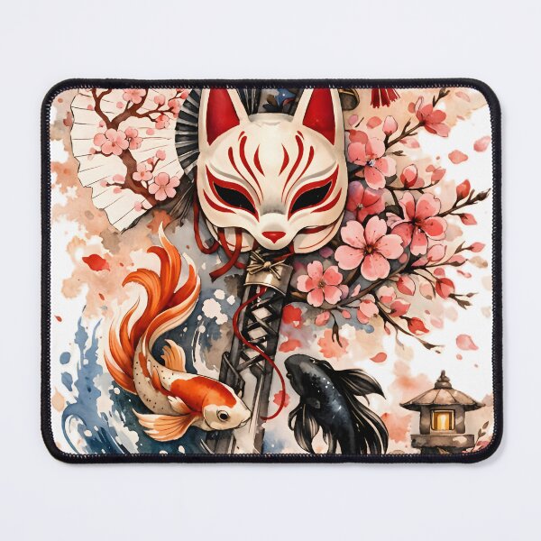 Item preview, Japanese Kitsune Mask Watercolor with Koi Fish, Katana and Sakura designed and sold by Emilysalae.