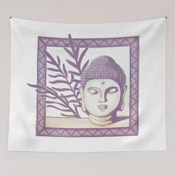 Item preview, Buddha Head Statue with Palm Fronds Watercolor - Plum + Rainbow Sorbet designed and sold by Irene Estelle.