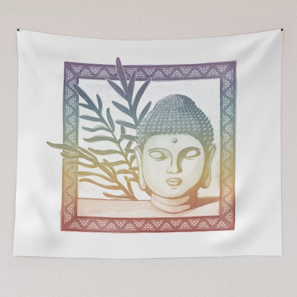 Item preview, Buddha Head Statue with Palm Fronds Watercolor - Rainbow Sunset + Rainbow Sorbet designed and sold by Irene Estelle.