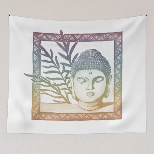 Item preview, Buddha Head Statue with Palm Fronds Watercolor - Rainbow Sunset + Rainbow Sorbet 2 designed and sold by Irene Estelle.