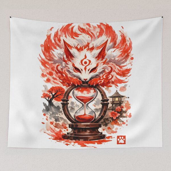 Item preview, Japanese Fire Kitsune with Hourglass – Mystical Watercolor Art designed and sold by Emilysalae.