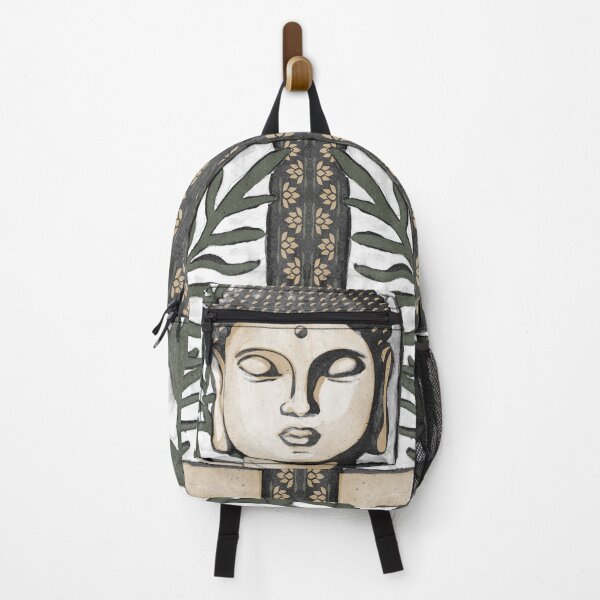 Item preview, Buddha Head Statue with Palm Fronds Watercolor - Coal, Fawn, Pine designed and sold by Irene Estelle.