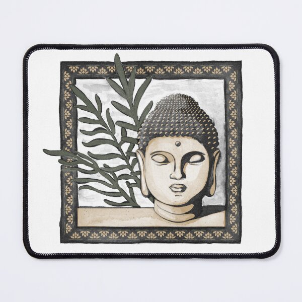 Item preview, Buddha Head Statue with Palm Fronds Watercolor - Coal, Fawn, Pine designed and sold by Irene Estelle.