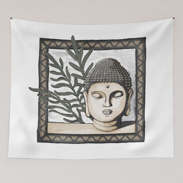 Item preview, Buddha Head Statue with Palm Fronds Watercolor - Coal, Fawn, Pine designed and sold by Irene Estelle.
