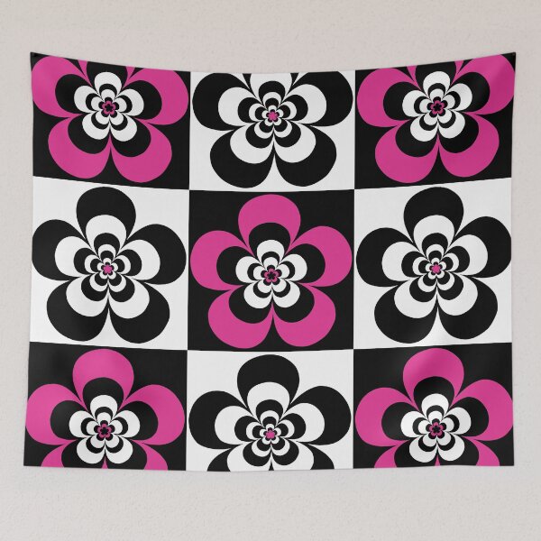 Item preview, 60s 70s Retro Psychedelic Mod Flowers in Black, White and Pink designed and sold by MellowCat.