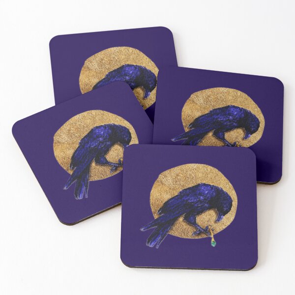 Item preview, Edgar Allen Poe Watercolor Raven With Emerald Pendulum And Textured Gold Full Moon designed and sold by Monica Laipple.