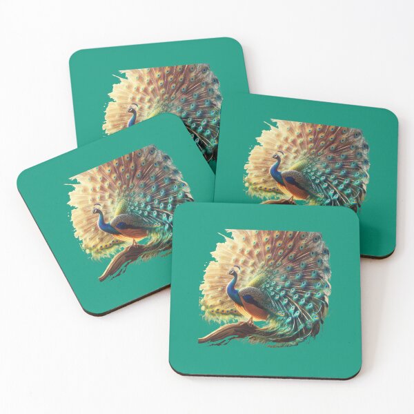 Item preview, White & Colorful Peacock Label – Front & Side View with Fan-Shaped Tail   designed and sold by PaintMeWorld.