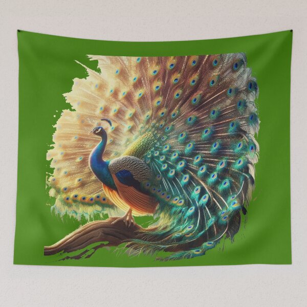 Item preview, White & Colorful Peacock Label – Front & Side View with Fan-Shaped Tail   designed and sold by PaintMeWorld.