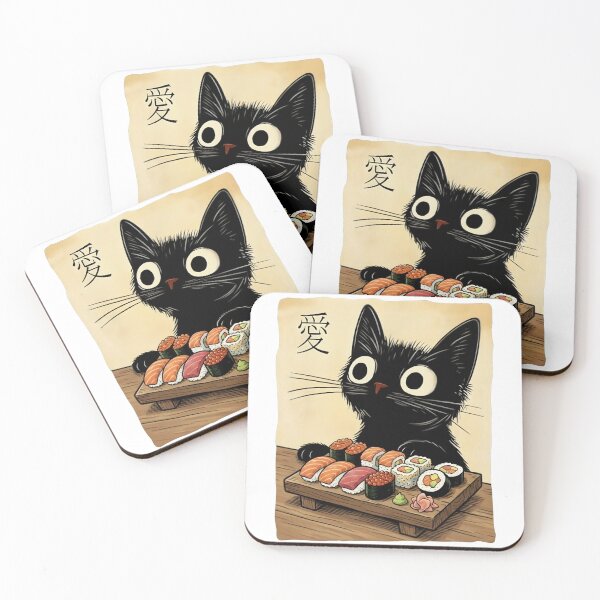 Item preview, Cute Cat Eating Sushi - “Love” (愛) Japanese-Inspired Cat Illustration designed and sold by Fluidic-Space.
