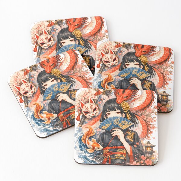 Item preview, Japanese Geisha with Red Dragon, Kitsune Mask and Koi – Mystical Art designed and sold by Emilysalae.