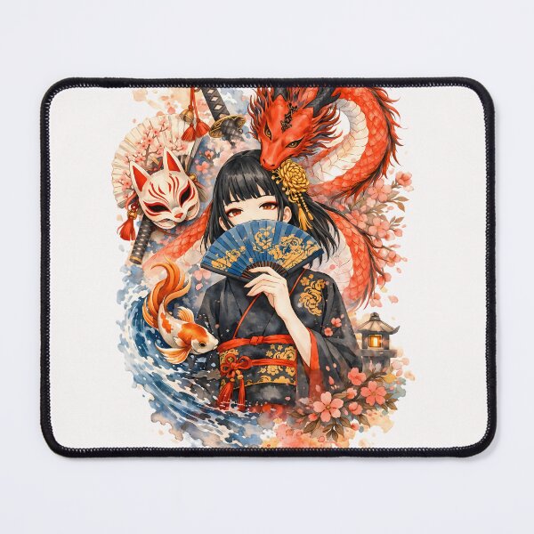Item preview, Japanese Geisha with Red Dragon, Kitsune Mask and Koi – Mystical Art designed and sold by Emilysalae.