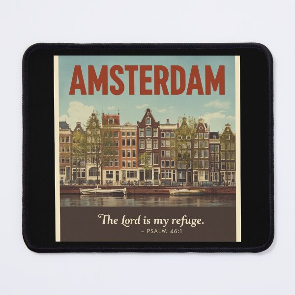 Item preview, Amsterdam Vintage City Poster with “The Lord Is My Refuge” Psalm 46:1 – Christian Wall Art designed and sold by Illustrated Faith.
