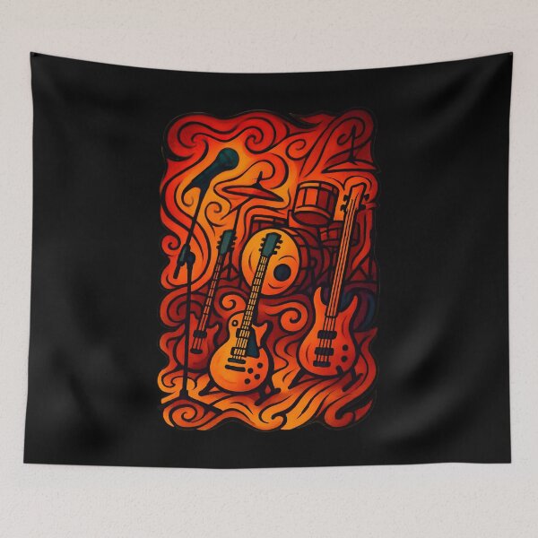 Item preview, Fiery Rock Stage Instruments – Psychedelic Guitar & Drum Set Illustration designed and sold by WilderRoads.