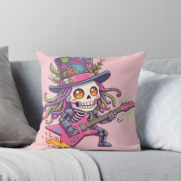 Artikelvorschau, Skelett-Rockstar spielt E-Gitarre mit Blumen und Totenköpfen – Vektorillustration (Kunstdruck) entworfen und verkauft von NeoShard.