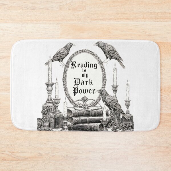 Item preview, Reading is my dark power on a black background with moons and crows around books and candles designed and sold by SpaceartLilu.