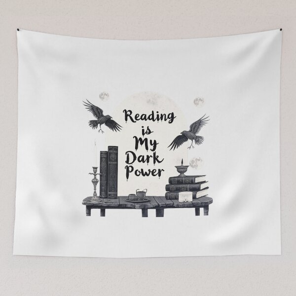 Item preview, Copy of Reading is my dark power on a black background with moons and crows around books and candles designed and sold by SpaceartLilu.