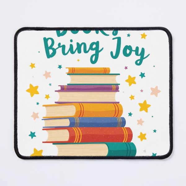 Item preview, Stack of colorful books with the text 'Books Bring Joy' above it in a library setting designed and sold by SpaceartLilu.