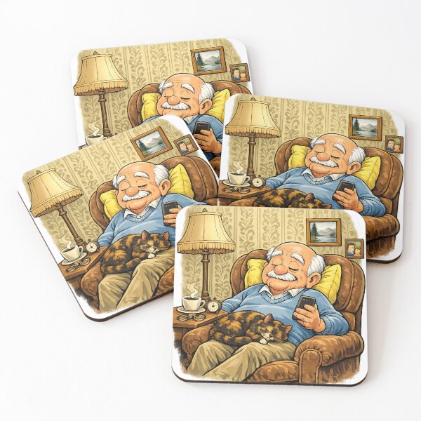 Item preview, Napping or Asleep Funny Grandpa Cartoon Print With Tortoiseshell Cat, Cozy Vintage Living Room Wall Art Gift From Kids and Grandkids designed and sold by TerScott.