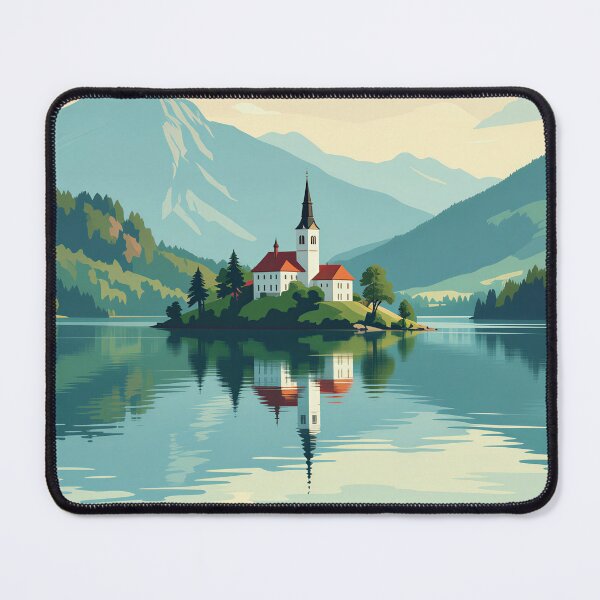 Item preview, Lake Bled Slovenia Vintage Travel Illustration Art Poster designed and sold by Stripe Wall Studio.