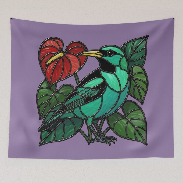 Item preview, Stained Glass Green Honeycreeper with Red Anthurium designed and sold by BirdsnStuff.