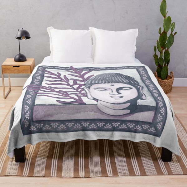 Item preview, Buddha Head Statue with Palm Fronds Watercolor - Dusk, Dust, Plum designed and sold by Irene Estelle.