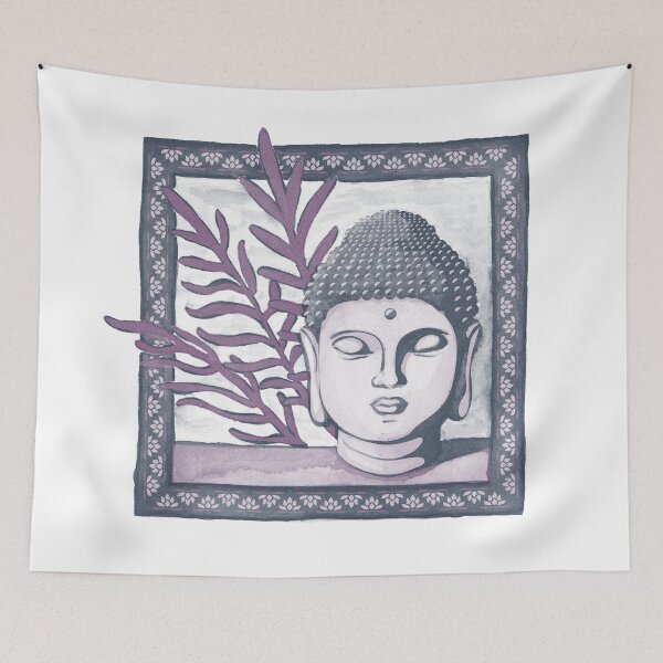 Item preview, Buddha Head Statue with Palm Fronds Watercolor - Dusk, Dust, Plum designed and sold by Irene Estelle.