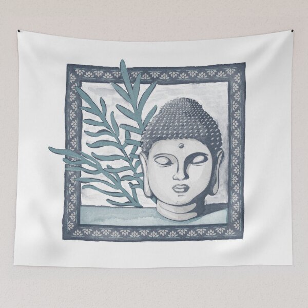 Item preview, Buddha Head Statue with Palm Fronds Watercolor - Dusk, Fog, Peacock designed and sold by Irene Estelle.